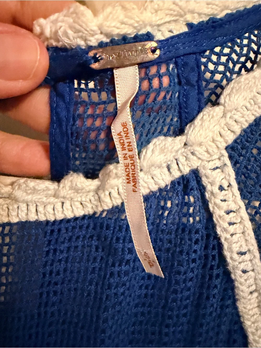 Free People Royal Blue Boho Peasant Blouse with White Embroidery